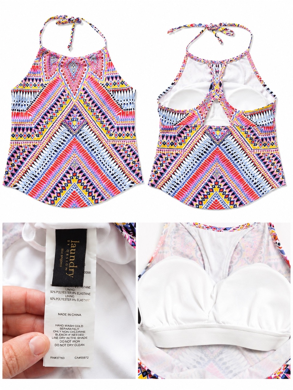 Laundry by Design Colorful Geometric Halter Tankini Top w/ Built-In Bra